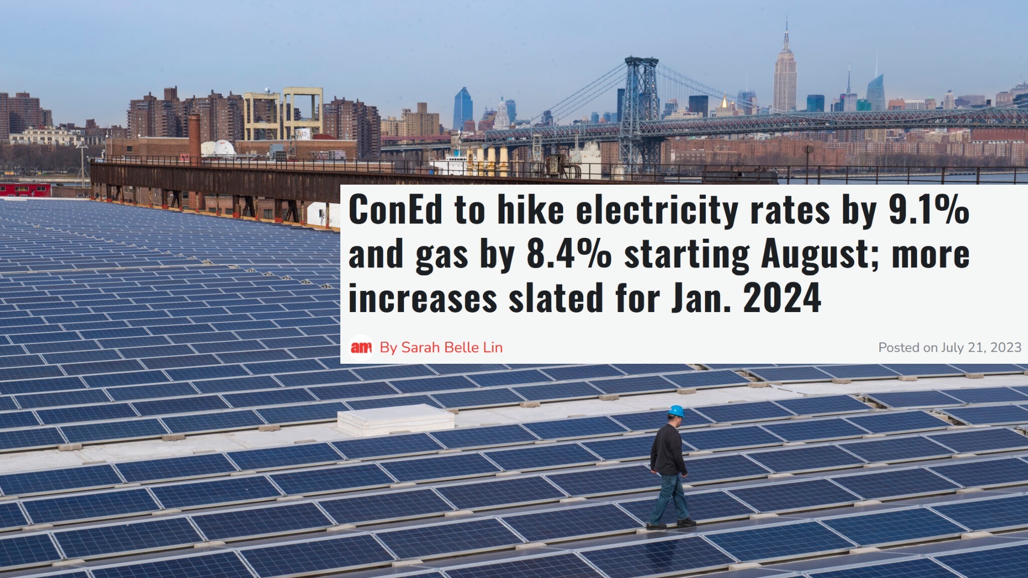 Image of NYC looking over solar panels warning for hiking rates by ConEd in upcoming months